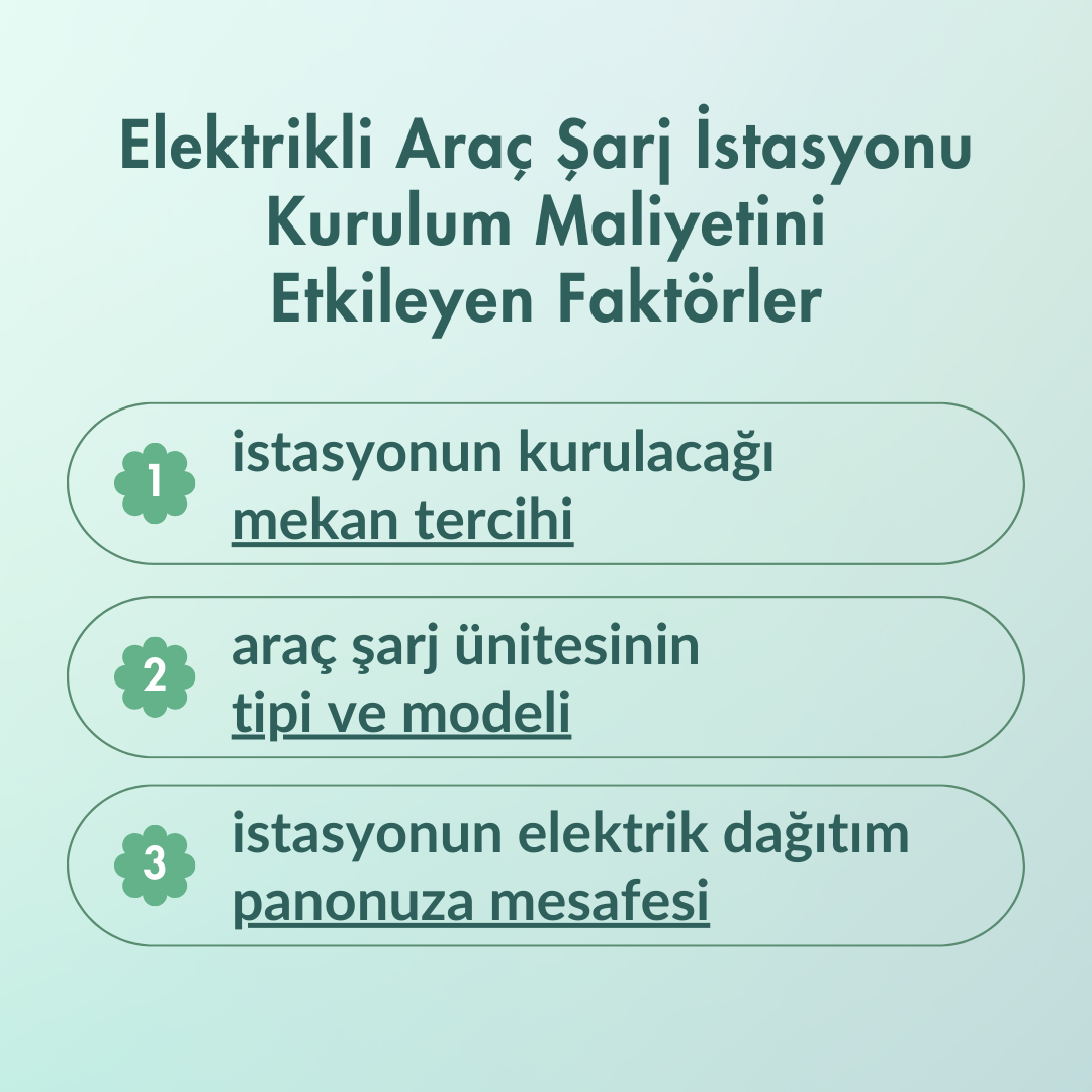 Elektrikli araç şarj istasyonu kurulum maliyetini etkileyen faktörler: mekan tercihi, araç şarj ünitesinin tipi ve modeli, elektrik dağıtım panosuna mesafedir.